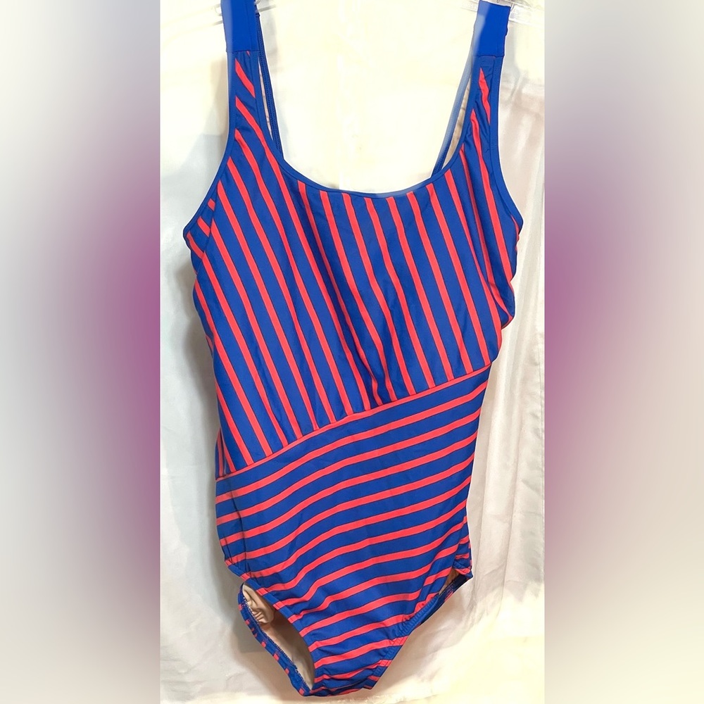 Lands and royal blue and red striped, one piece, swimsuit, built-in bra, size 12